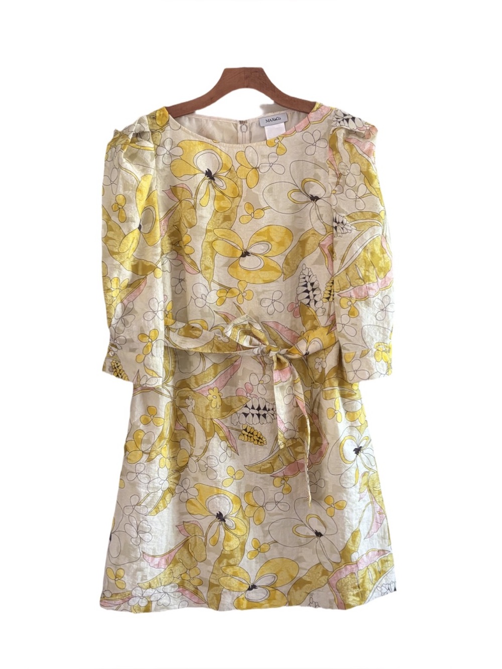 Max & Co. Women’s Yellow Floral Tie-Waist Dress Size 6 Puff Sleeves - Picture 2 of 8